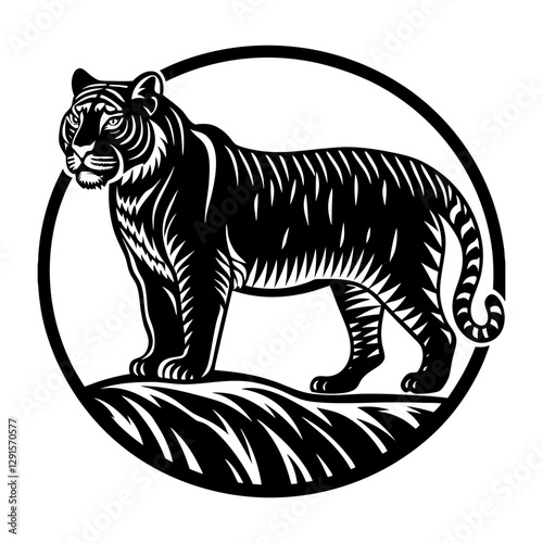 Monochrome tiger standing amidst tall grass black and white vector illustration for wildlife and nature projects