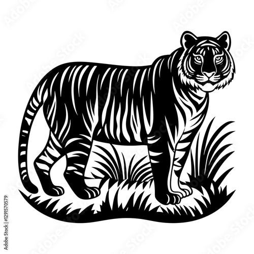 Monochrome tiger standing amidst tall grass black and white vector illustration for wildlife and nature projects