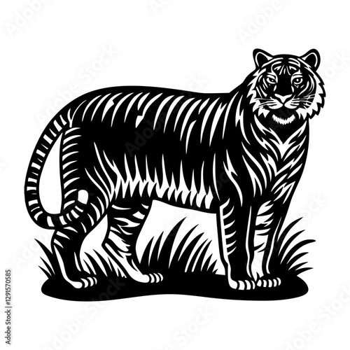 Monochrome tiger standing amidst tall grass black and white vector illustration for wildlife and nature projects