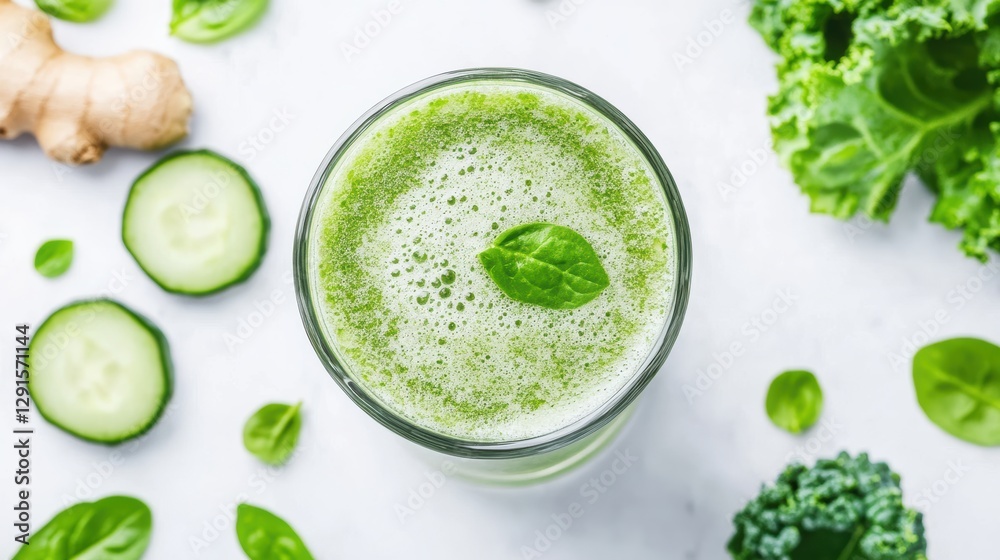 Fresh Green Detox Juice with Spinach, Kale, and Ginger in Glass Fresh Green Detox Juice with Spinach, Kale, and Ginger in Glass