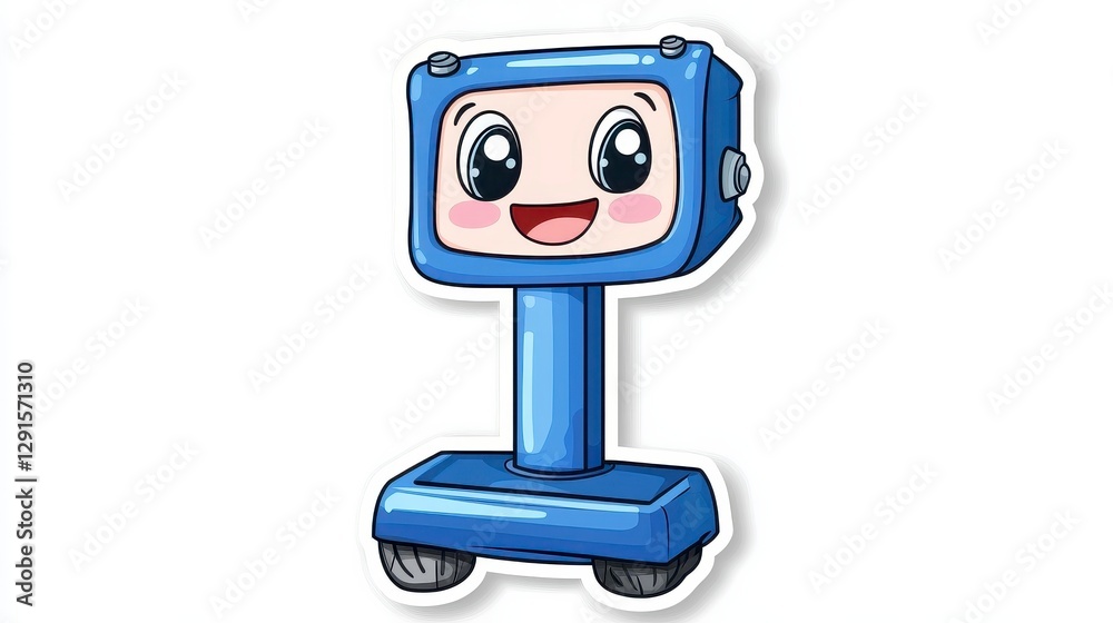 Cute Cartoon Robot Character with Big Eyes on Blue Background Cute Cartoon Robot Character with Big Eyes on Blue Background