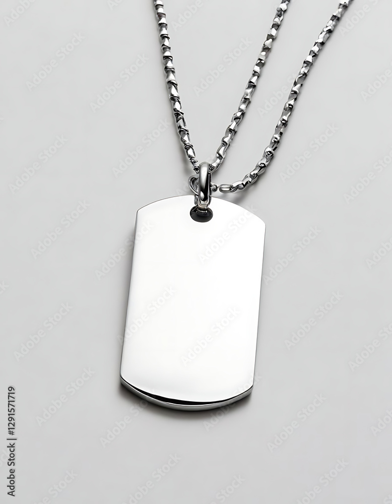 Fototapeta premium Personalized engraved dog tag necklace on a white background.