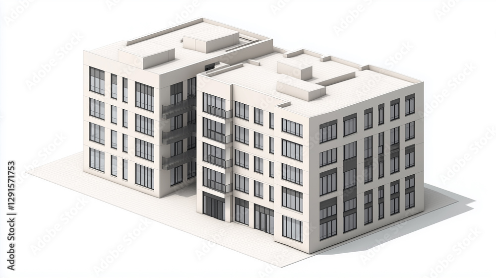 A full-view, isometric architectural model of a light gray apartment complex, featuring modern urban aesthetics with simple yet detailed elements A full-view, isometric architectural model of a light gray apartment complex, featuring modern urban aesthetics with simple yet detailed elements