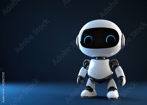 A cute robot image with a blue background. This robot has big eyes and a smiling expression, making it very friendly and approachable.