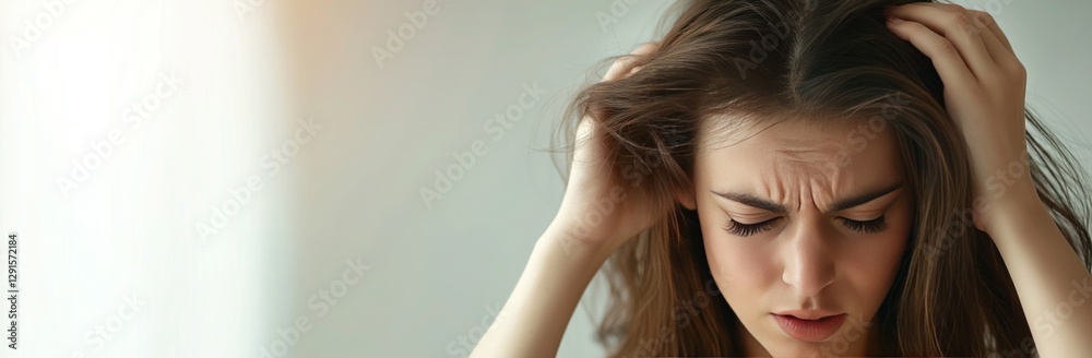 Fototapeta premium Stressed young woman with furrowed brows, holding her hair, showing signs of distress. Mental strain and discomfort concept.