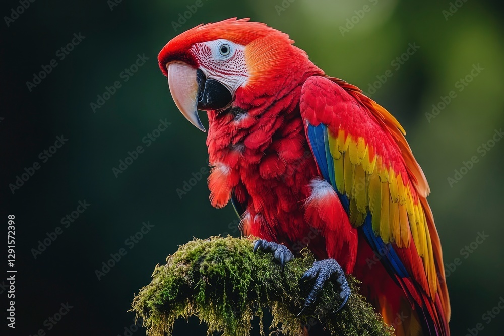 Fototapeta premium Vibrant scarlet macaw perched on a mossy branch, surrounded by lush greenery in a tropical setting