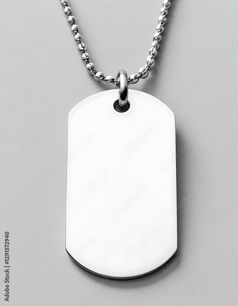 Fototapeta premium Personalized engraved dog tag necklace on a white background.