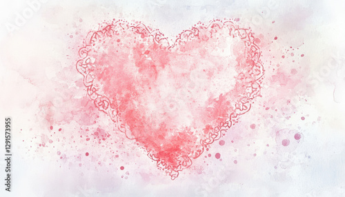 Delicate watercolor heart with lace like details, evoking love and tenderness. This artistic piece features soft pink hues and gentle splashes, perfect for romantic themes