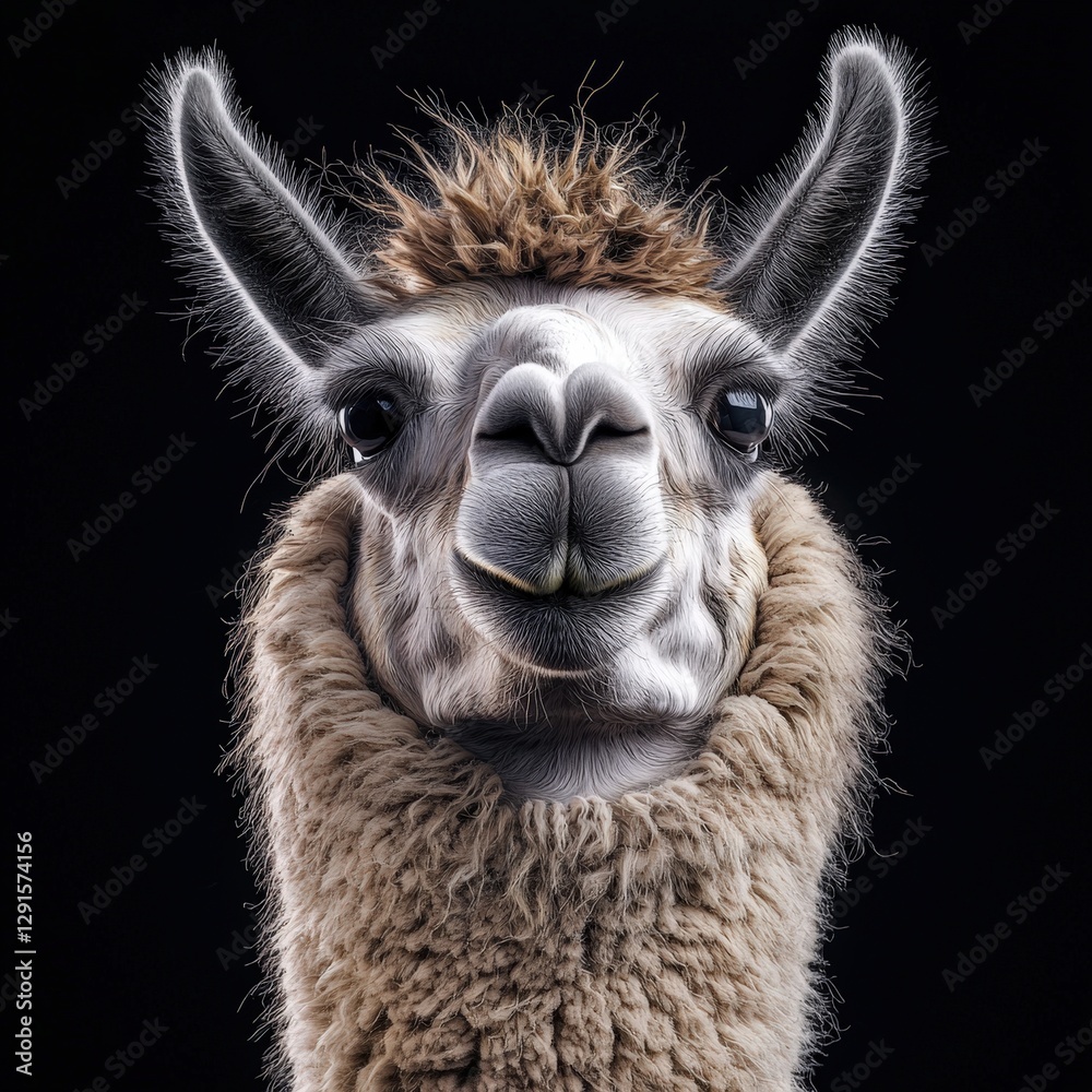 Fototapeta premium Close-up portrait of a llama against a stark black background, embodying serenity. Ideal for nature, animal welfare, and eco-tourism concepts.