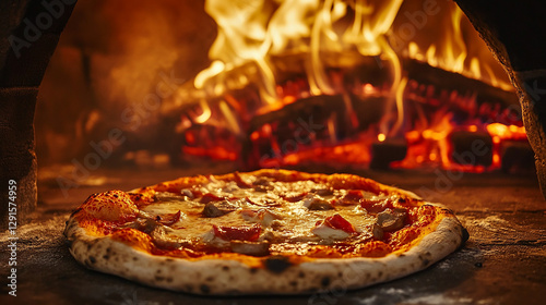 A crispy pizza baking in a traditional wood-fired oven