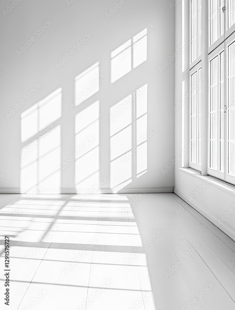 Fototapeta premium Light Streaming Through Large Windows Illuminates a Minimalist Room With Elegant Moldings in Soft Monochrome Tones