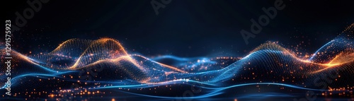 Abstract technology background featuring glowing particles and flowing waves in a vibrant digital design