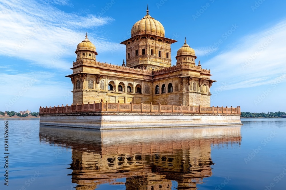 Fototapeta premium Sunrise over Indian Palace reflected in lake water India travel touris architecture landmark building monument destination historical ancient culture religion faith golden hour