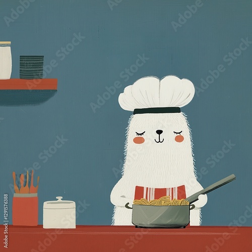 Happy Llama Chef Cooking Pasta in a Cozy Kitchen with Playful Colors and Whimsical Style