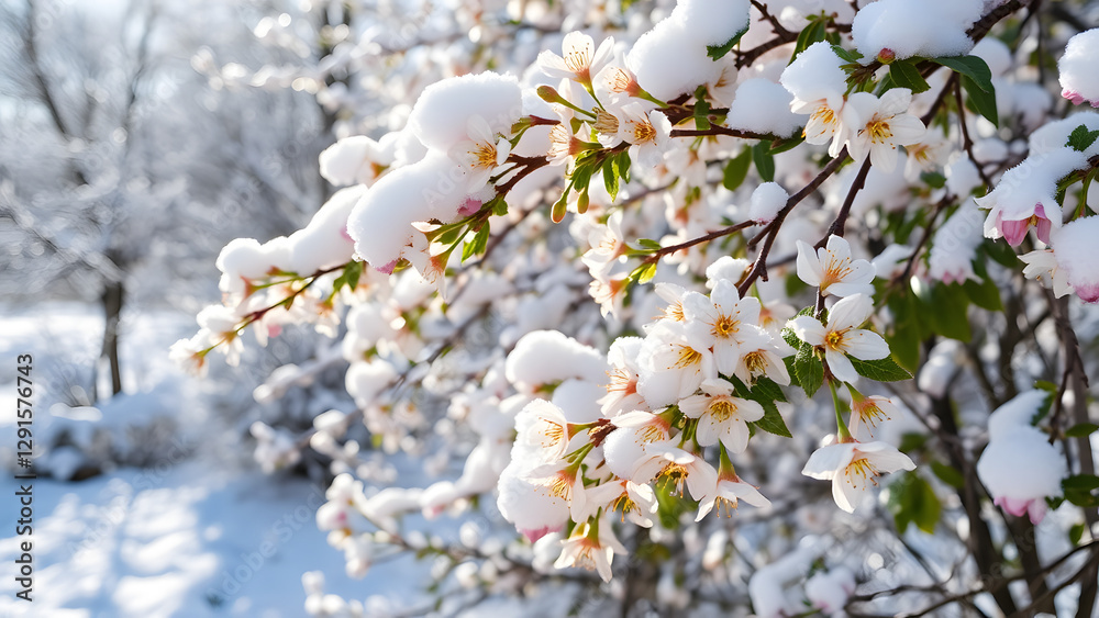 Flowers are covered in snow on their branches and leaves in the bright morning. Flowers are covered in snow on their branches and leaves in the bright morning.