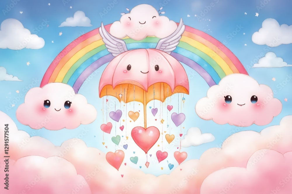 an illustration of a pink umbrella with hearts and clouds an illustration of a pink umbrella with hearts and clouds