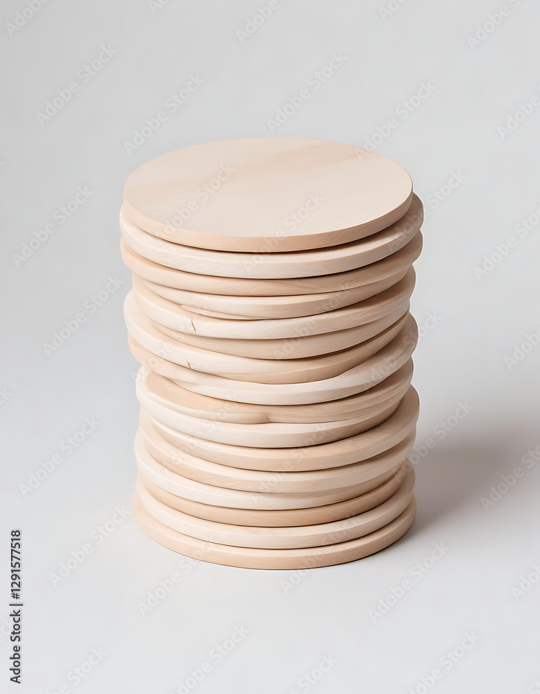 Obraz premium Set of stackable wooden coasters on a white background.