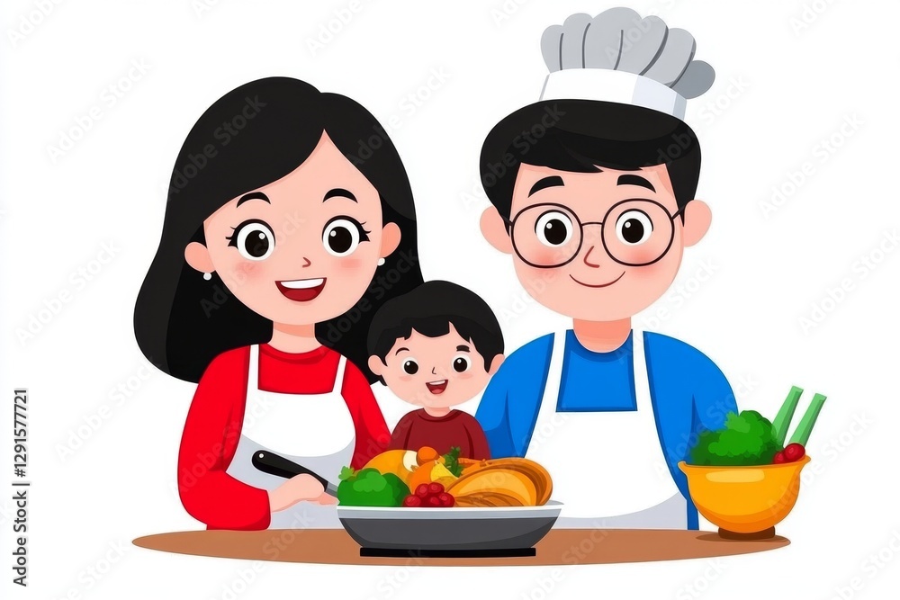 a 2D cartoon illustration of a family cooking together for Thanksgiving, warm and cheerful, white background a 2D cartoon illustration of a family cooking together for Thanksgiving, warm and cheerful, white background