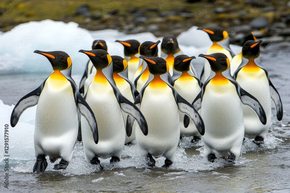 Fototapeta premium Group of Emperor Penguins Walking Together on Icy Terrain
