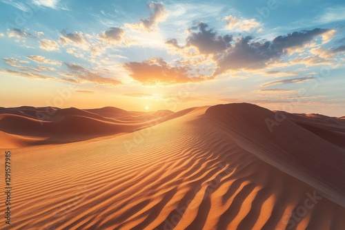Dramatic sand dunes in peaceful desert scenery, perfect for travel themes or relaxation projects, showcasing stunning warm tones and tranquil vibes for nature lovers and explorers photo