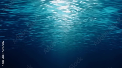 Underwater deep blue ocean background with ripple, wave lights, and sun rays, copy space