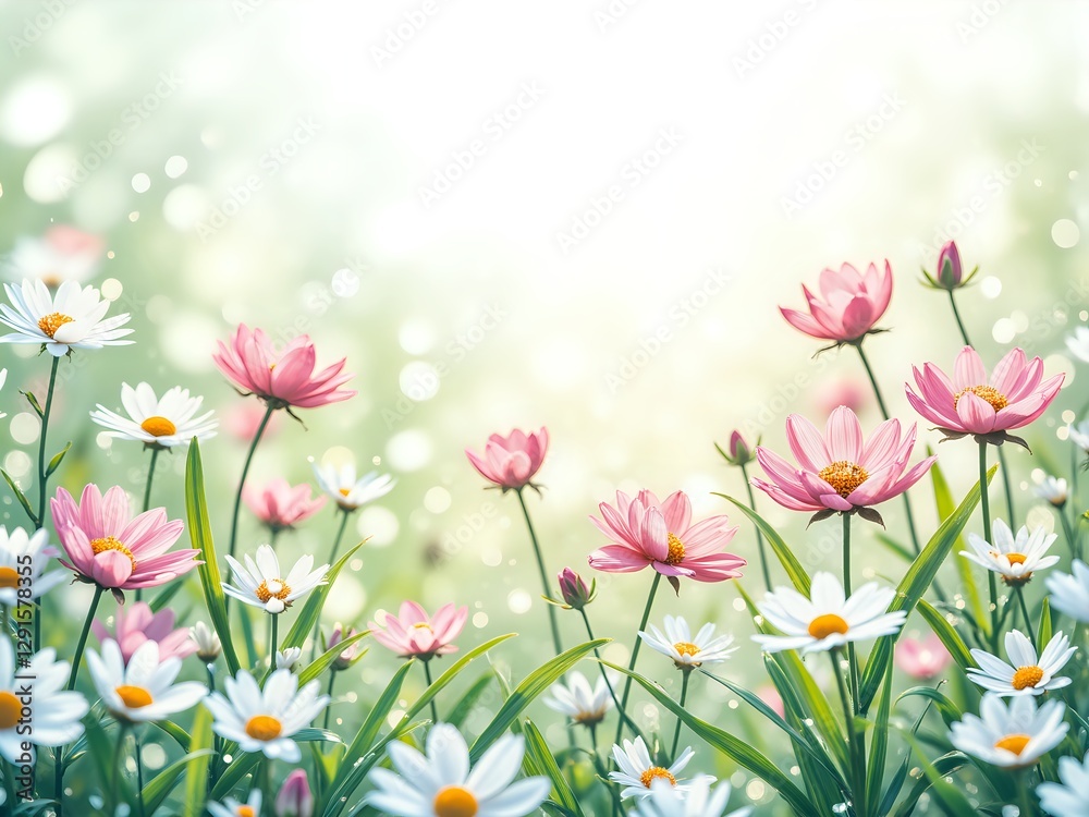 A vibrant display of blooming flowers in soft morning light A vibrant display of blooming flowers in soft morning light