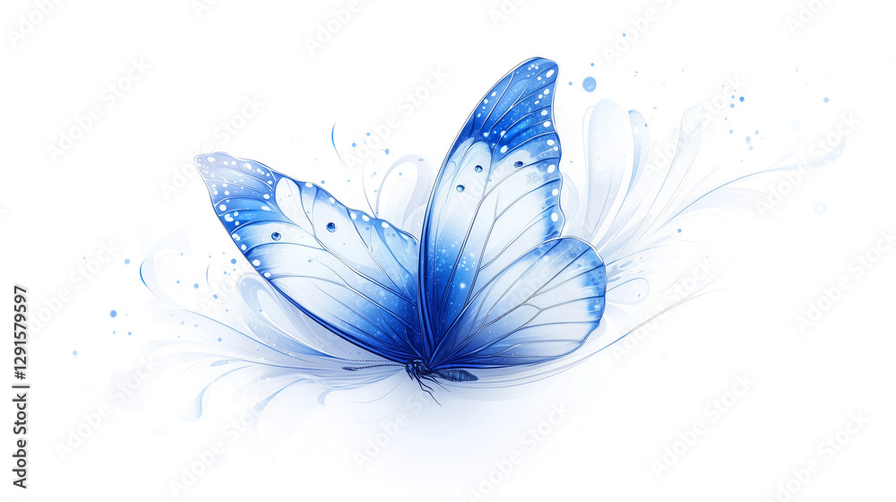 Obraz premium Elegant blue and white butterfly with delicate, translucent wings fluttering gracefully. Concept of nature, fantasy, and artistic beauty in motion.