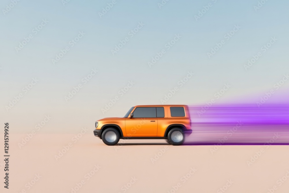 Fototapeta premium Dynamic orange car speeds across minimalist desert landscape, le