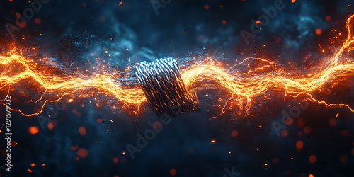 Wire split open with electricity arcing dangerously in a dark environment