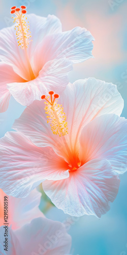 Ethereal pastel hibiscus flowers in soft focus with gentle light and serene background in springtime