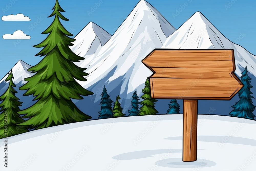 Fototapeta premium a 2D cartoon illustration of a mountain trail with a signpost, adventurous and scenic, white background