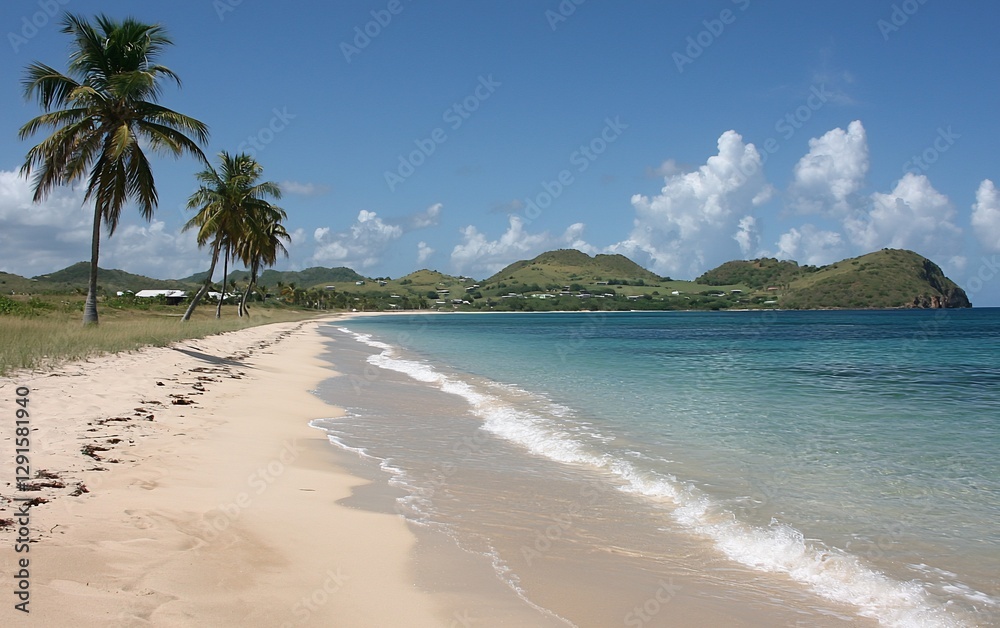 Fototapeta premium Tranquil Caribbean beach with palm trees, white sand, turquoise water, and rolling hills under a blue sky.