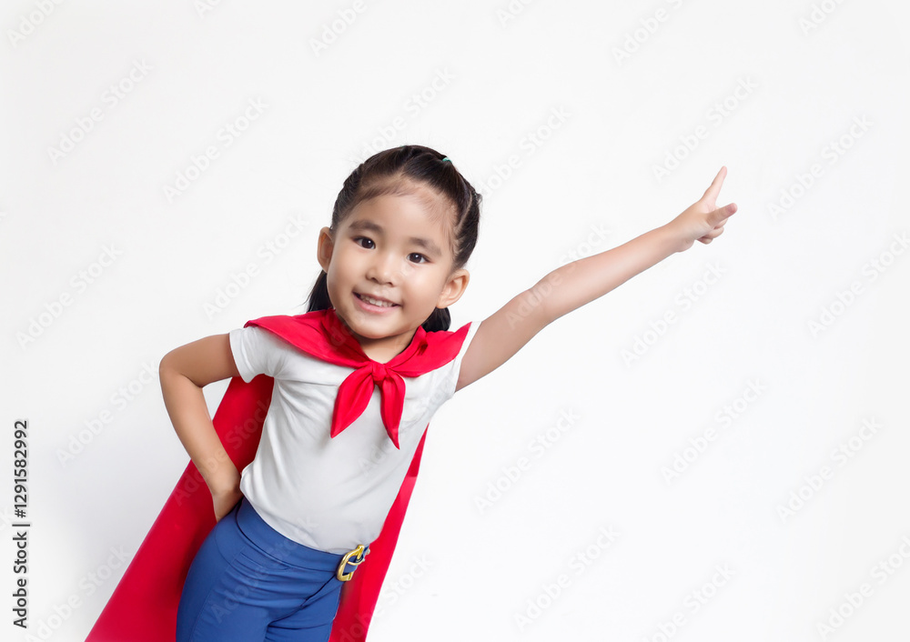 Asian girl superhero costume, cape, white backdrop. Ideal for ads. Asian girl superhero costume, cape, white backdrop. Ideal for ads.