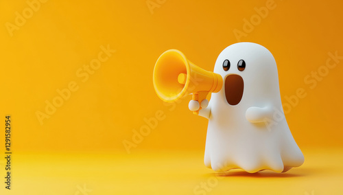 cute smiling ghost broadcasting a message through a megaphone on a bright orange background