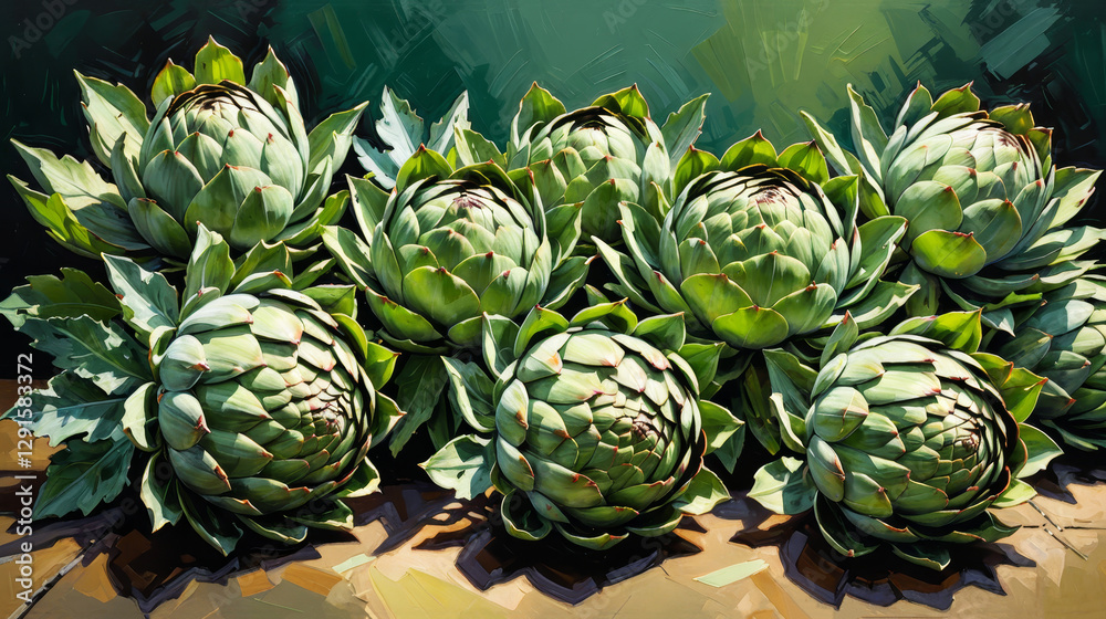 Fototapeta premium Artichokes arranged on wooden surface in vibrant painted style for culinary purposes