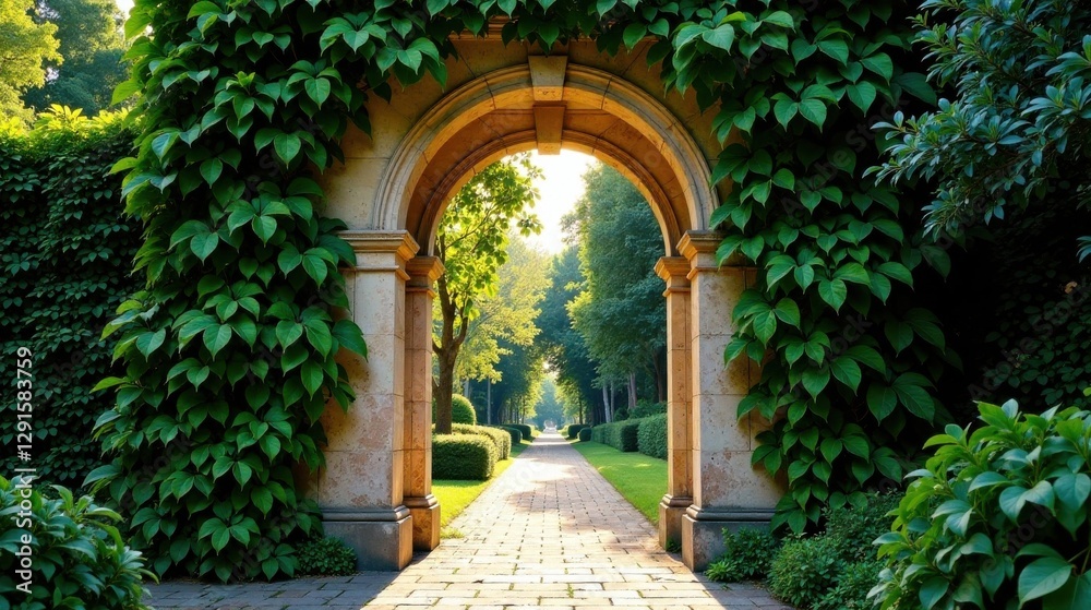 Fototapeta premium Stone Archway Pathway Framed by Lush Green Foliage, Leading to a Serene Garden Landscape