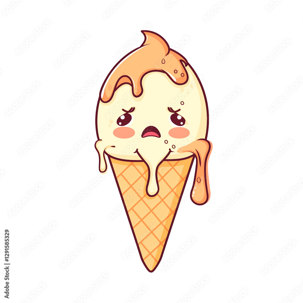 Melting ice cream cone sticker with sad face on transparent background Melting ice cream cone sticker with sad face on transparent background