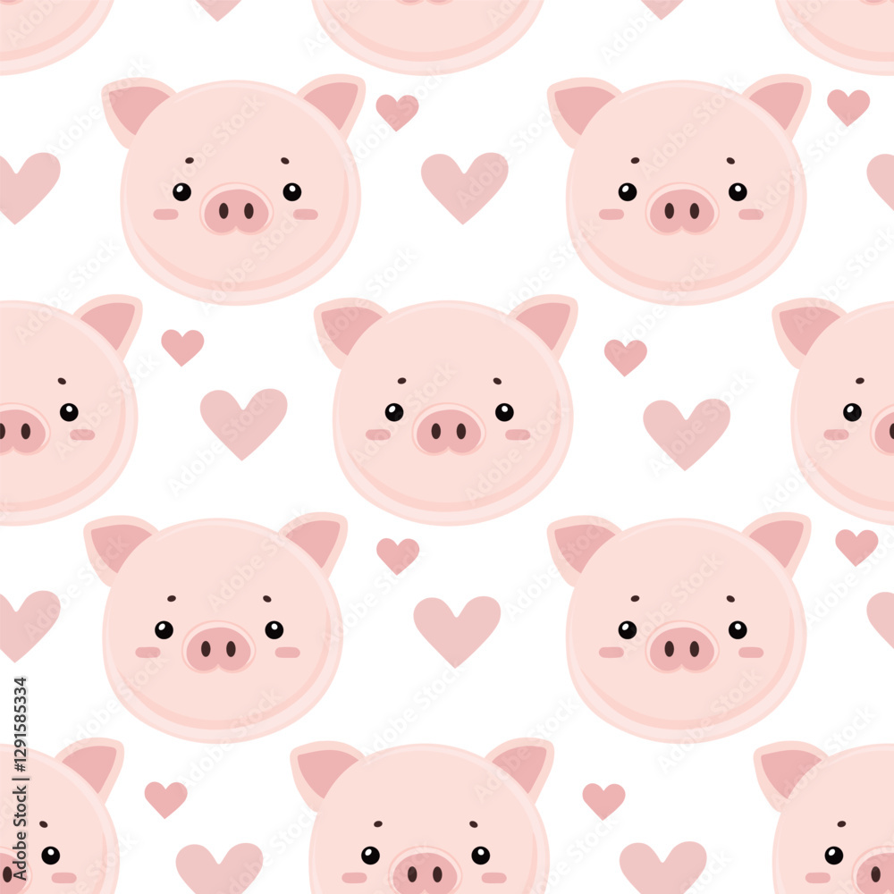 Cute Kawaii Pig Seamless Pattern with Hearts on a White Background Cute Kawaii Pig Seamless Pattern with Hearts on a White Background