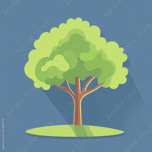 Flat illustration of a lush green tree with blue background and long shadow.