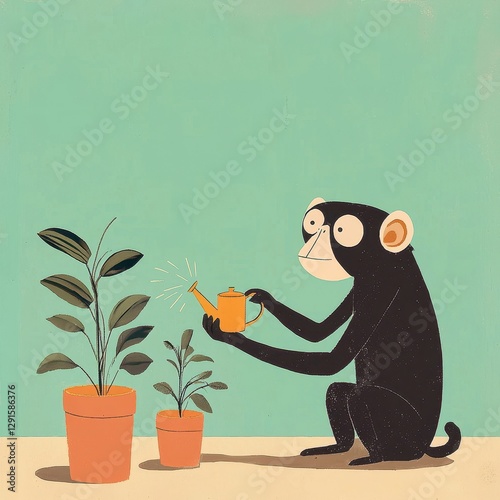 Playful Monkey Watering Plants in a Colorful Garden Setting with Vibrant Background