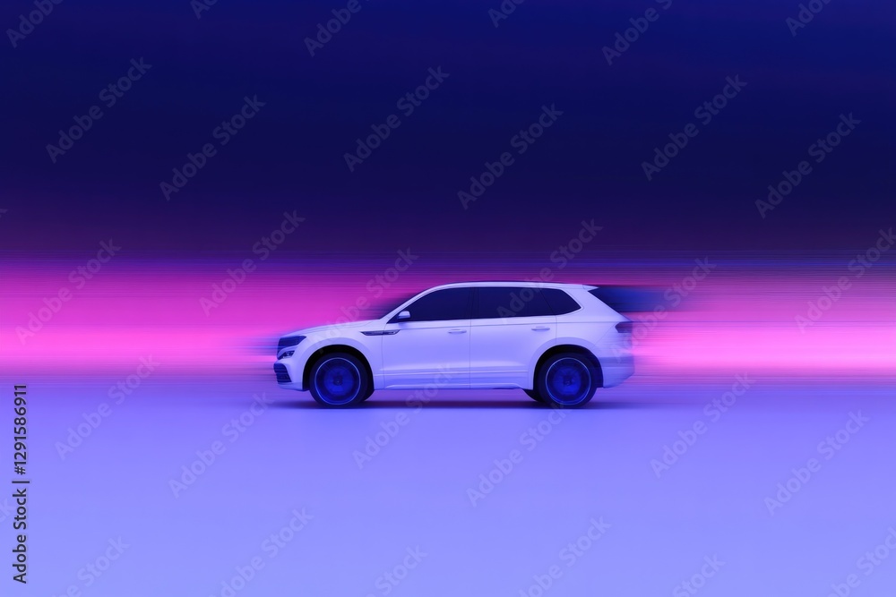 Fototapeta premium Sleek white SUV in motion, surrounded by dynamic purple and blue