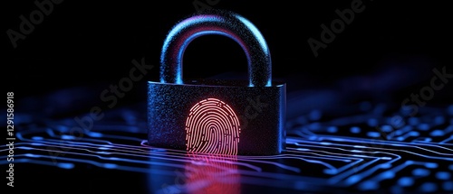 A digital lock with a fingerprint symbolizing cybersecurity and protection.