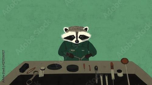 Playful Raccoon Mechanic Working Under a Vintage Car Hood in a Cartoonish Style