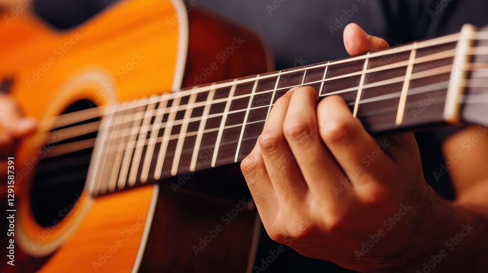 Fototapeta premium Guitarist playing melody studio realistic photography intimate setting close-up view musical passion