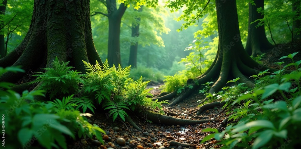 Fototapeta premium Overgrown ferns tangled in ancient tree roots, forest, trees, landscape