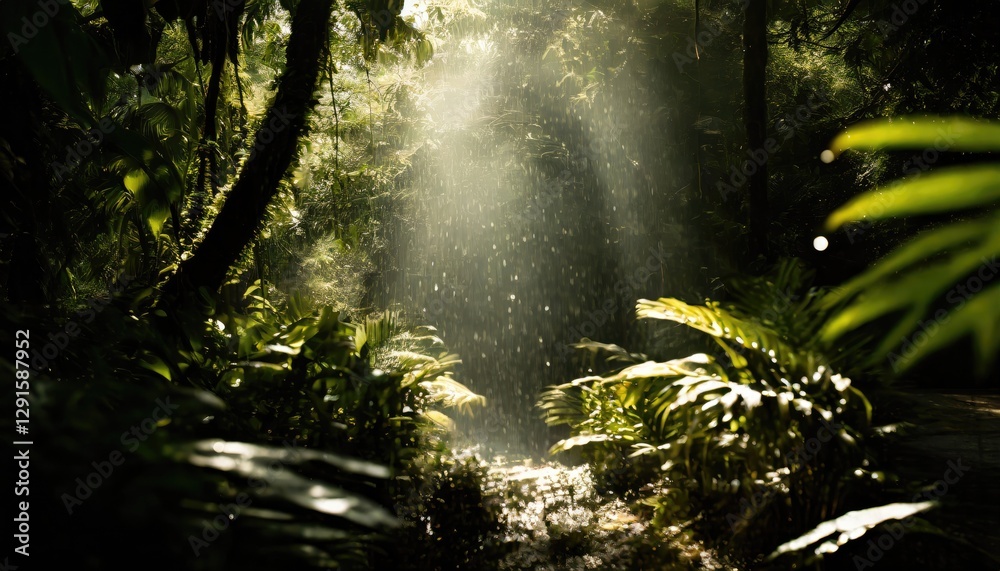 Obraz premium Humid tropical jungle with sun and fog around. Generated with AI