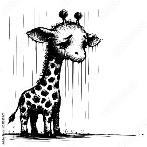 Giraffe cry sadness line art drawing ink sketch vector hand drawn illustration background