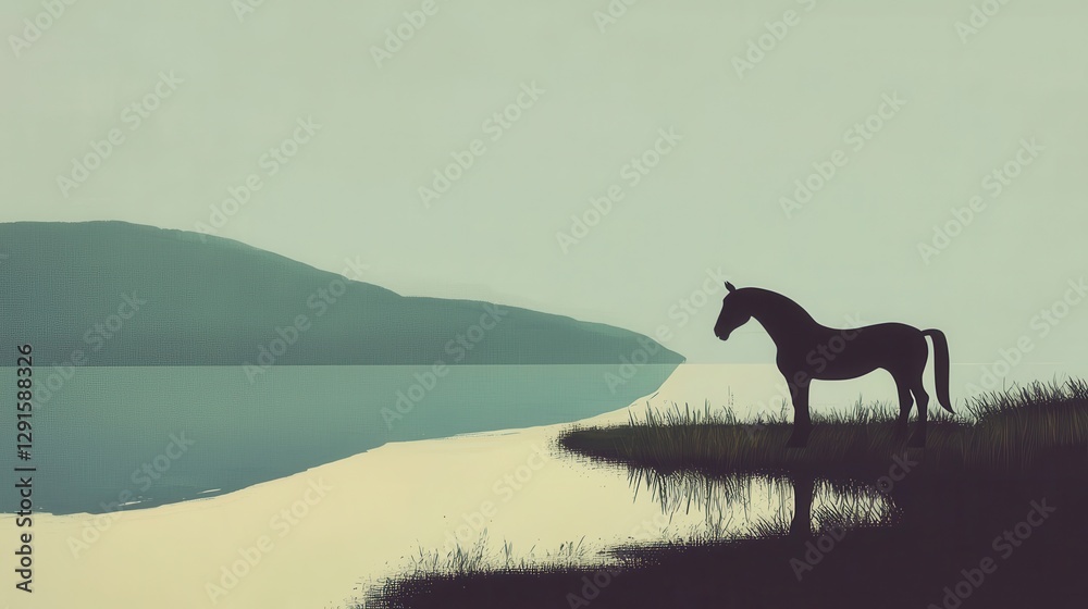Serene Landscape of a Horse by Calm Water at Sunrise with Yoga Instructor Leading Sessions Serene Landscape of a Horse by Calm Water at Sunrise with Yoga Instructor Leading Sessions