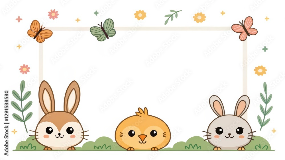 Fototapeta premium cute bunnies and a chick with butterflies and a blank frame border for easter, spring