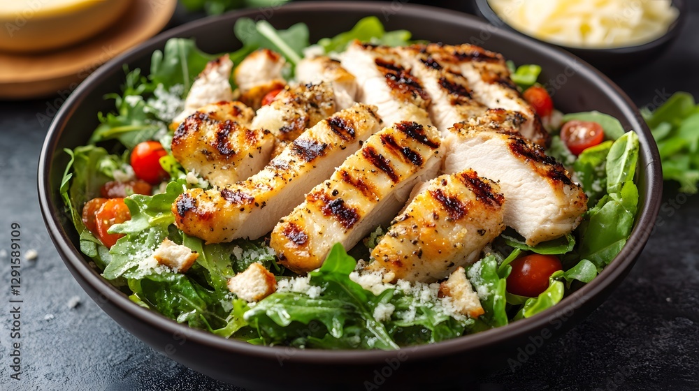 Grilled Chicken Salad Delight: a mouthwatering salad, the centerpiece is tender, grilled chicken breasts. The dish also features fresh, leafy greens, juicy cherry tomatoes. Grilled Chicken Salad Delight: a mouthwatering salad, the centerpiece is tender, grilled chicken breasts. The dish also features fresh, leafy greens, juicy cherry tomatoes.